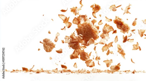 A pile of crumbs is flying through the air. The crumbs are scattered all over the floor, creating a messy and chaotic scene. Concept of disorder and disarray