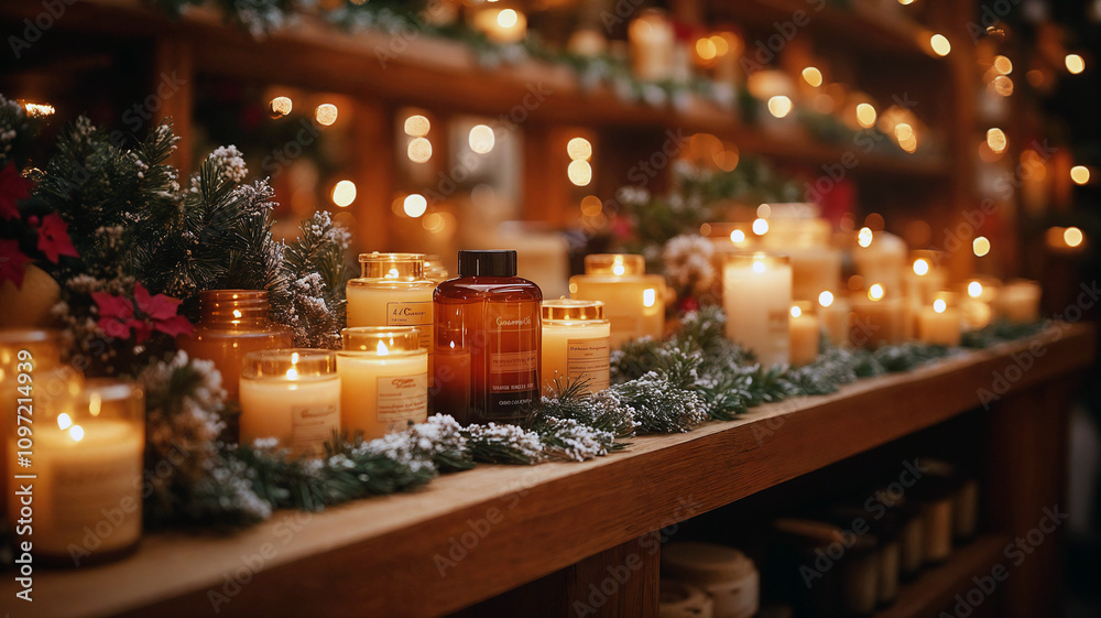 Christmas Spa Candle Display with Festive Decor and Skincare Products with Copy Space Christmas Spa Candle Display with Festive Decor and Skincare Products with Copy Space