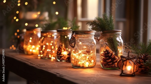 A collection mason jar vases with twinkling fairy lights and seasonal accents.