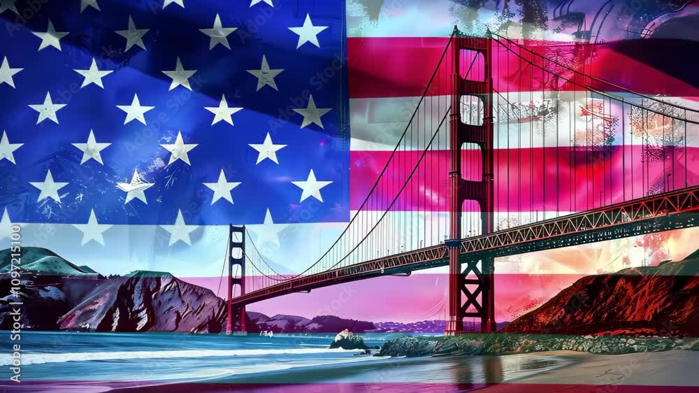 A colorful artistic representation of the Golden Gate Bridge combined with the American flag.
