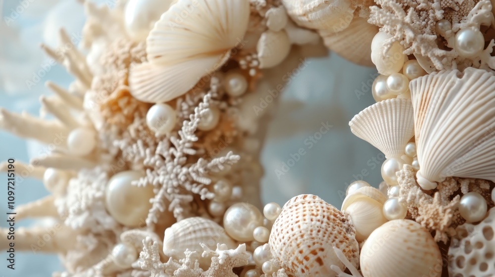 A holiday wreath made from seashells, coral, and pearls, perfect for a coastal vibe. A holiday wreath made from seashells, coral, and pearls, perfect for a coastal vibe.