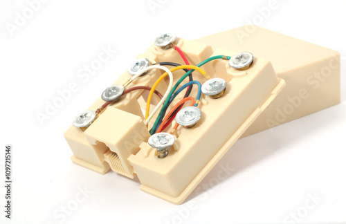 A Telephone Splitter Box, Single RJ45 Jack with 8 pins and 8 cords, on white background. Used to split and connect network cables photo