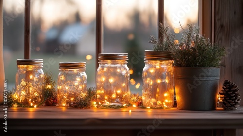 A collection mason jar vases with twinkling fairy lights and seasonal accents.