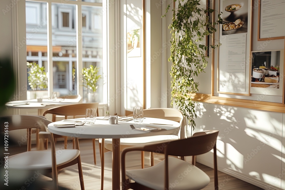 Cozy dining area bathed in sunlight with plants and elegant table settings in a charming restaurant