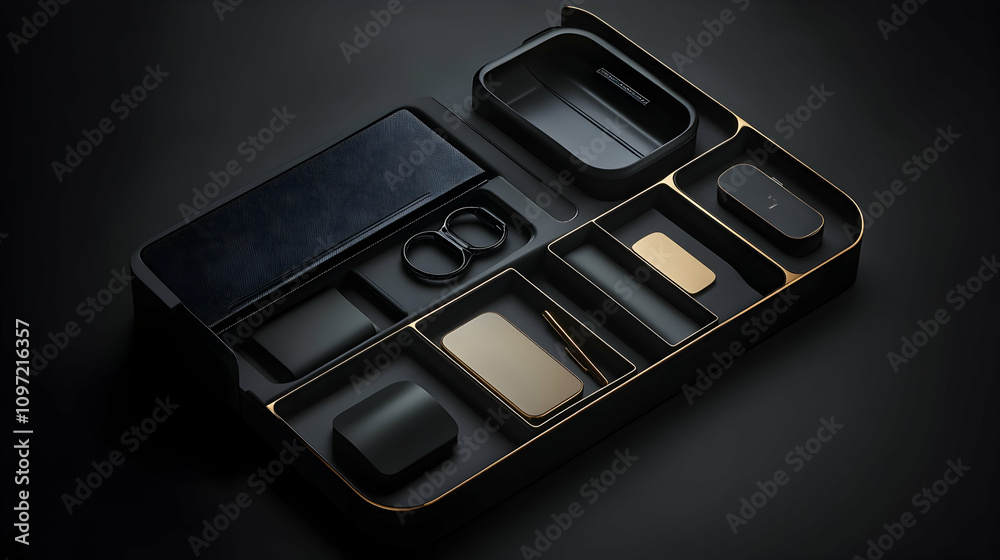 Black organizer with gold accents holding various tech accessories and small items. Black organizer with gold accents holding various tech accessories and small items.
