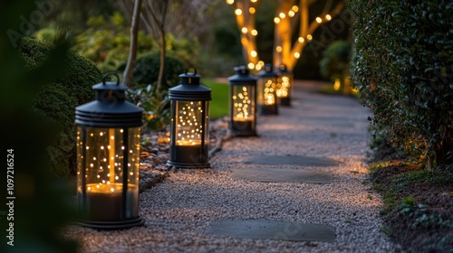 Fototapeta Naklejka Na Ścianę i Meble -  A series small metal lanterns with twinkling lights inside, lining the edges a garden or walkway