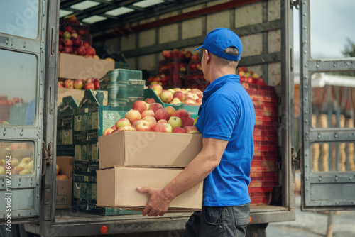 Dedicated farmer unloading freshly harvested apples in eco-friendly cardboard boxes for transportation and delivery to local food markets