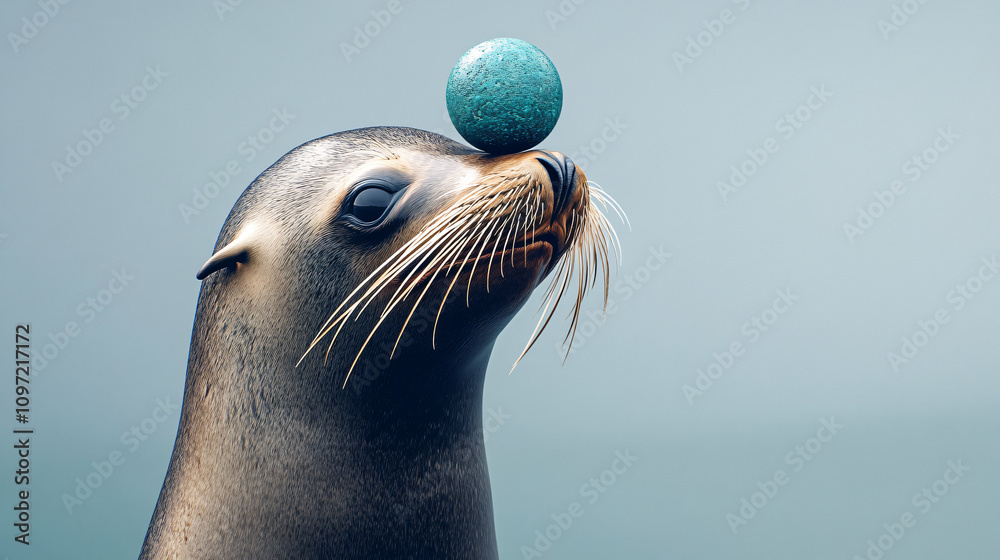 Obraz premium California sea lion balancing a turquoise ball on its nose, showcasing remarkable balance and playful behavior