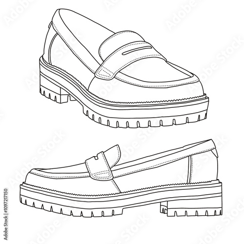 Women's Loafer  Slip On Shoes Line art, Technical sketch hand drawing outline vector doodle 3D isometric side view isolated on white background for coloring page