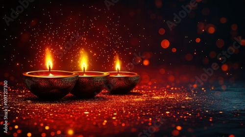 Golden Diwali Lamps on Red Background - Hand Drawn Vector Illustration photo