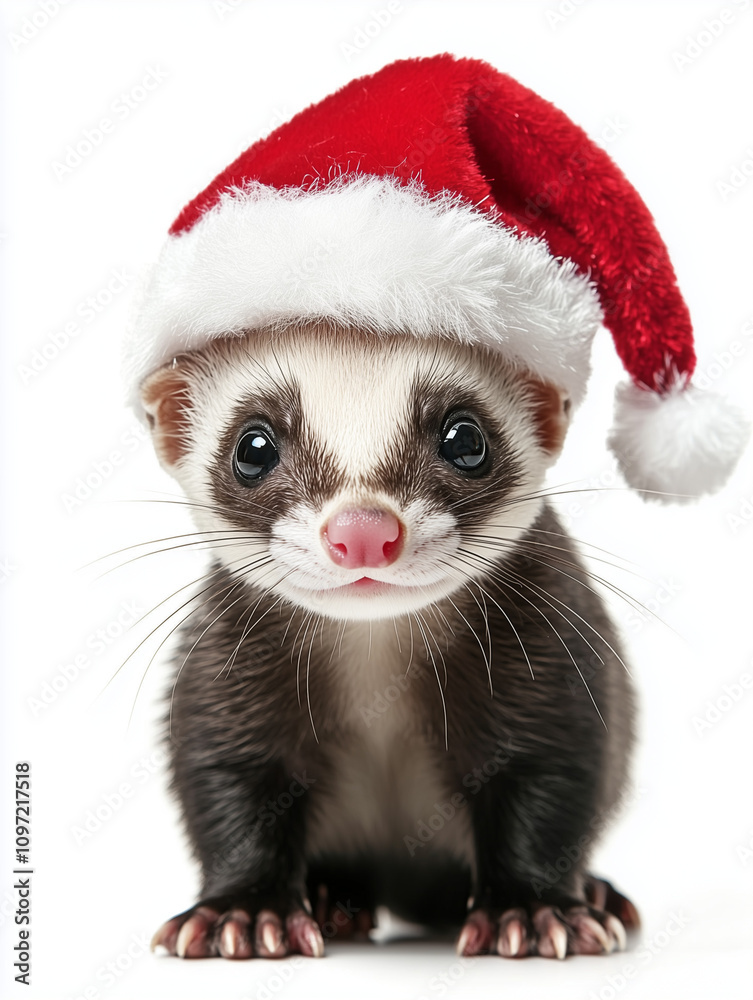ferret wearing a christmas santa hat on white background ferret wearing a christmas santa hat on white background