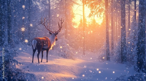 A reindeer in a snow-covered forest, illuminated by a soft winter sunset, gentle snowfall surrounding