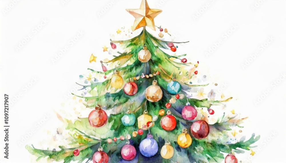A Christmas tree decorated with baubles and garlands. Painting.Star on the top. Copy space. A Christmas tree decorated with baubles and garlands. Painting.Star on the top. Copy space.