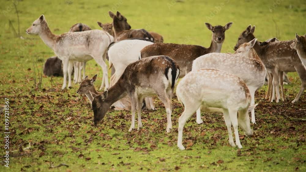 A herd of young deer graze peacefully in a lush green field in the afternoon A herd of young deer graze peacefully in a lush green field in the afternoon