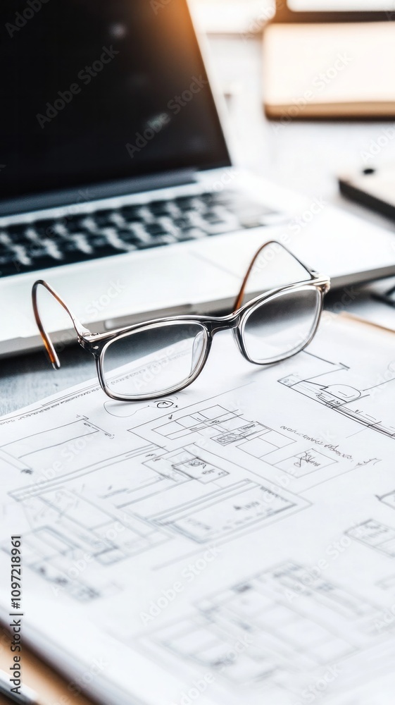 foreground of objects on the working place: eyeglasses, diagrammes, laptop, notebook foreground of objects on the working place: eyeglasses, diagrammes, laptop, notebook