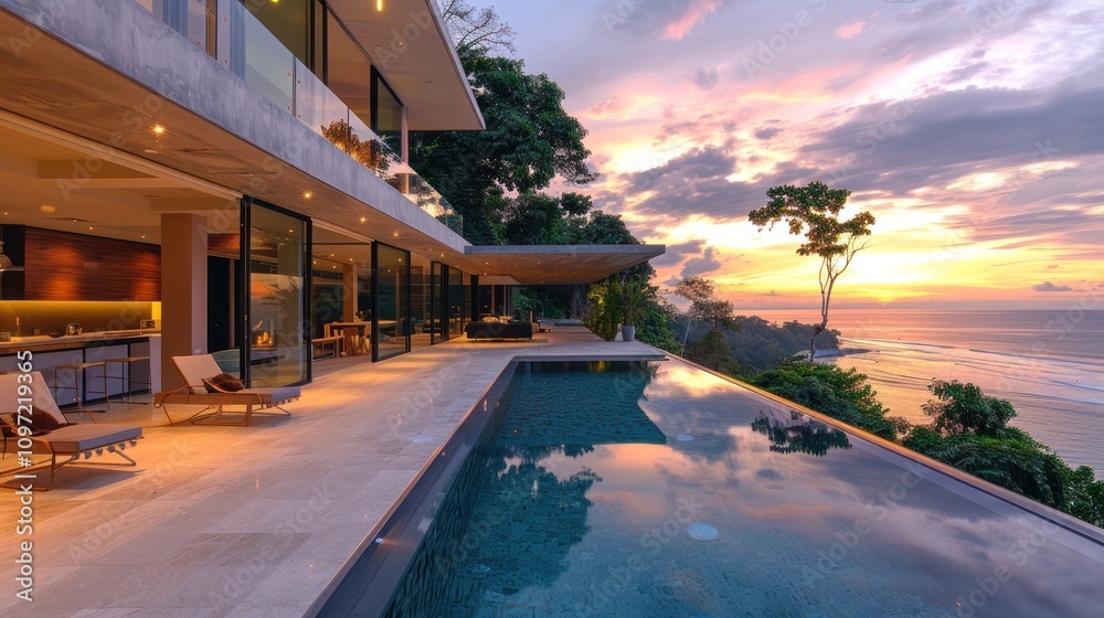 Fototapeta premium Luxury villa with infinity pool overlooking ocean sunset.