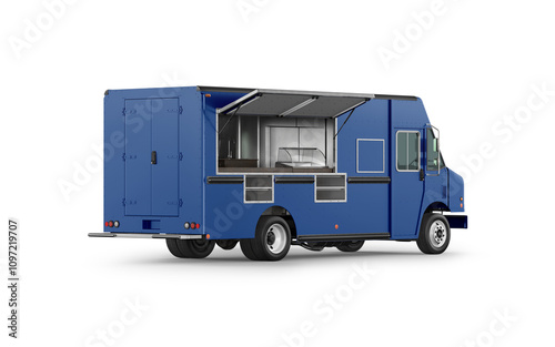  Blue food Truck Mockup Isolated on White, 3D Render Side View photo