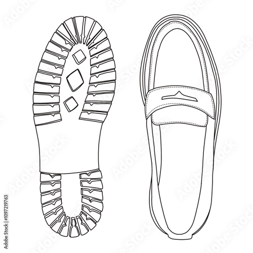 Women's Loafer  Pairs Slip On Shoes Line art, Technical sketch hand drawing outline vector doodle top and bottom view isolated on white background for coloring page