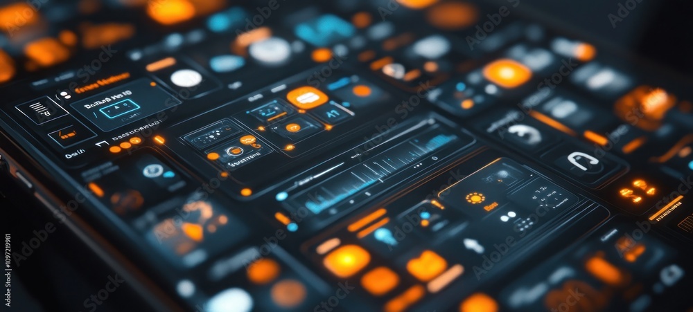 Futuristic Tech Interface: A Close-Up View of a Sleek, Modern Device Displaying an Array of Interactive Controls and Data Visualizations. Futuristic Tech Interface: A Close-Up View of a Sleek, Modern Device Displaying an Array of Interactive Controls and Data Visualizations.