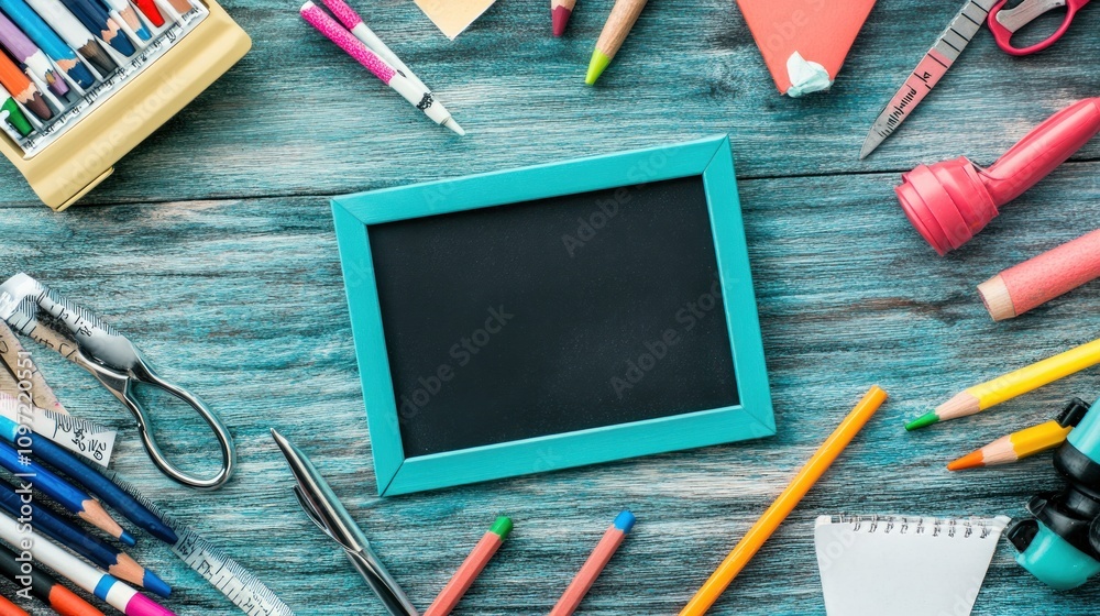 A workspace filled with art supplies and a blank frame ready for creativity. A workspace filled with art supplies and a blank frame ready for creativity.