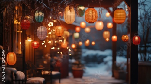 A collection festive lanterns hung around a cozy outdoor space, casting a gentle glow on a chilly evening