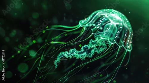 A mysterious jellyfish with pulsating tentacles each one lit up with an electric green glow drifts silently in the shadowy depths.