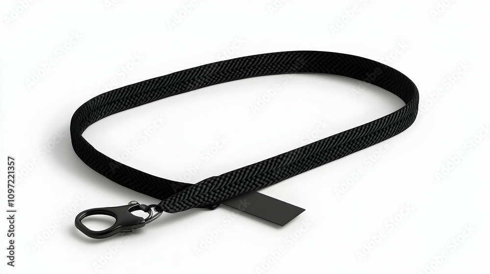 Black woven lanyard with metal clasp and blank tag on white background. Black woven lanyard with metal clasp and blank tag on white background.