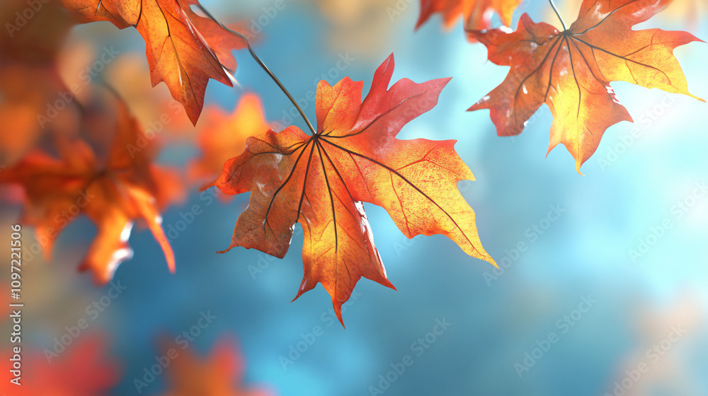 Vibrant orange maple leaves glow in the sunlight against a soft blue sky, capturing the essence of a serene autumn day Vibrant orange maple leaves glow in the sunlight against a soft blue sky, capturing the essence of a serene autumn day