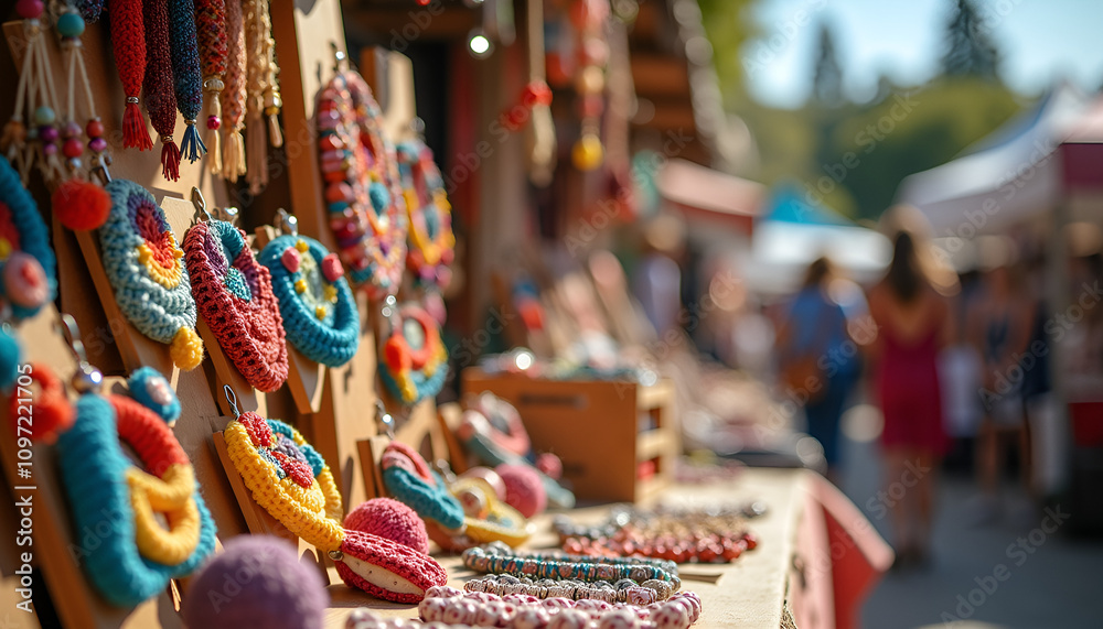 Fototapeta premium Vibrant handmade crafts displayed at an outdoor market during a sunny day, knitted jewellery.