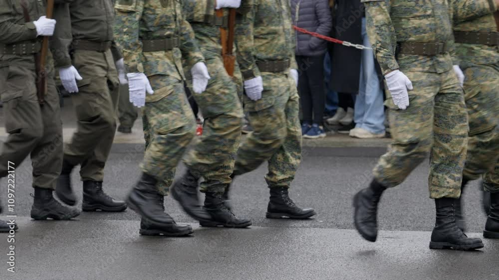 Servicemen walk in formation against spectators crowd. Soldiers wearing bright gloves and boots perform at parade during festive march to mark Independence Day of Austria Servicemen walk in formation against spectators crowd. Soldiers wearing bright gloves and boots perform at parade during festive march to mark Independence Day of Austria