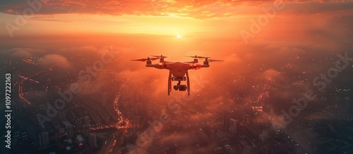 Drone flying over a city during a sunset