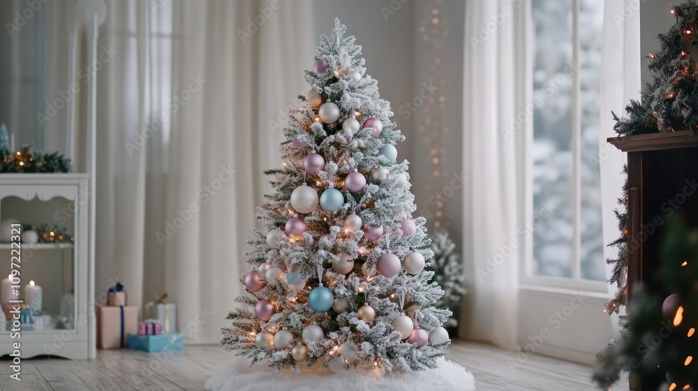 A snowy artificial tree decorated with soft white lights and pastel ornaments A snowy artificial tree decorated with soft white lights and pastel ornaments