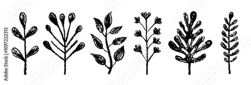 Brush flower. Hand drawn abstract vector. Floral ink paint. Crayon sketch simple plant. Black leaf silhouette. Christmas nature graphic. Doodle childish illustration. Daisy spring flower grunge tattoo