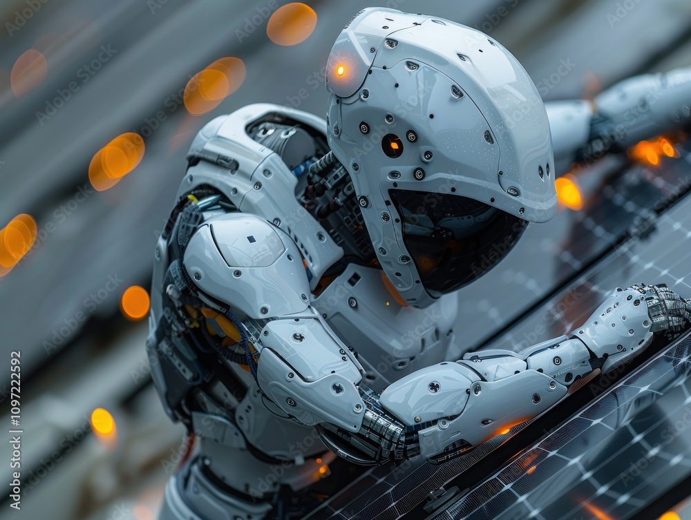Futuristic Robot with White Armor and Solar Panels Futuristic Robot with White Armor and Solar Panels