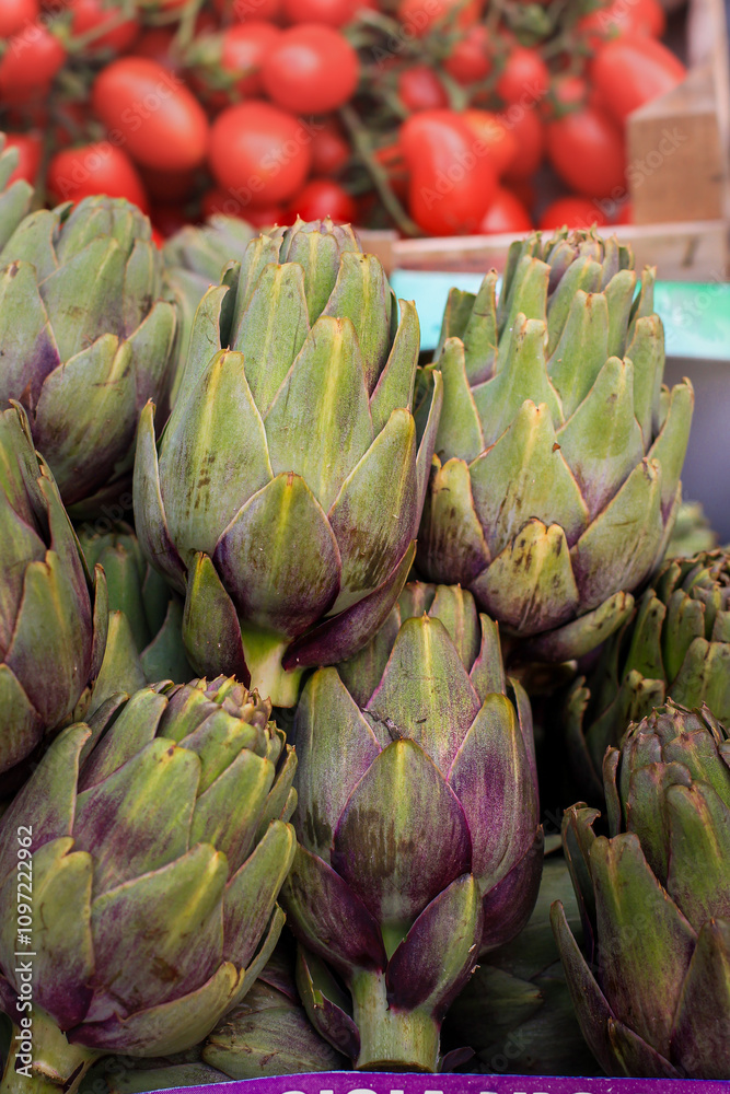 Artichokes on a stall at the market, fresh vegetables at the market, healthy eating concept, vegetarian diet, close-up. Artichokes on a stall at the market, fresh vegetables at the market, healthy eating concept, vegetarian diet, close-up.
