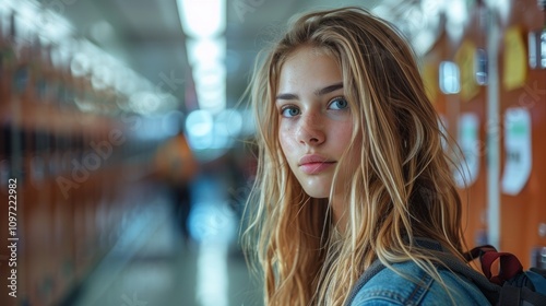 Teenage Girl In A School Hallway