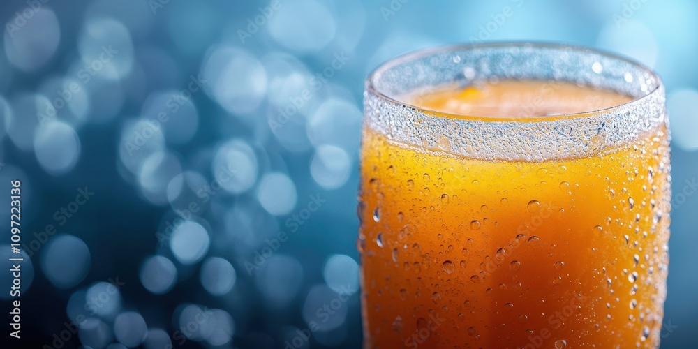 Refreshing close-up of frosty orange juice in glass with a sparkling backdrop Refreshing close-up of frosty orange juice in glass with a sparkling backdrop