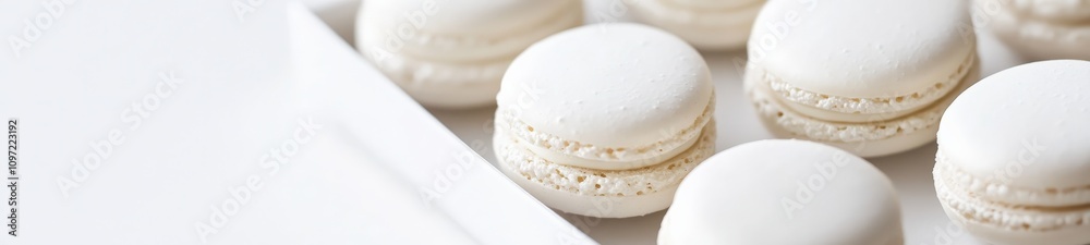 Pure White Macarons in Minimalist Box on Bright Background, Mockup Pure White Macarons in Minimalist Box on Bright Background, Mockup