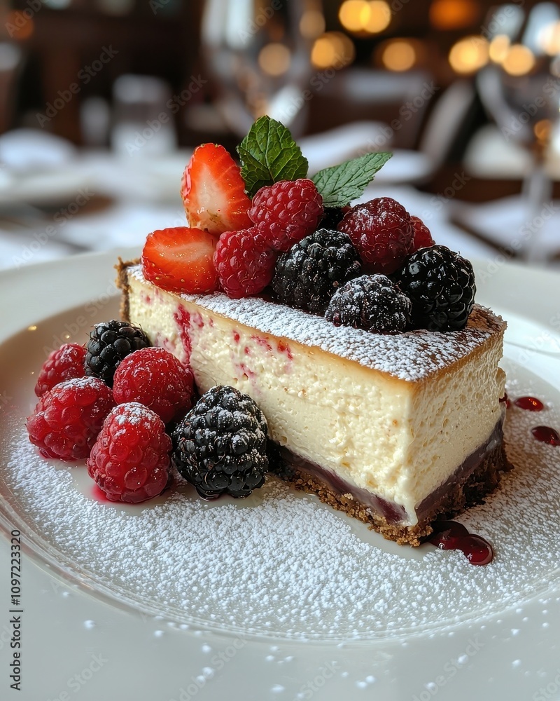 Creamy cheesecake slice topped with fresh berries served in an elegant restaurant setting Creamy cheesecake slice topped with fresh berries served in an elegant restaurant setting