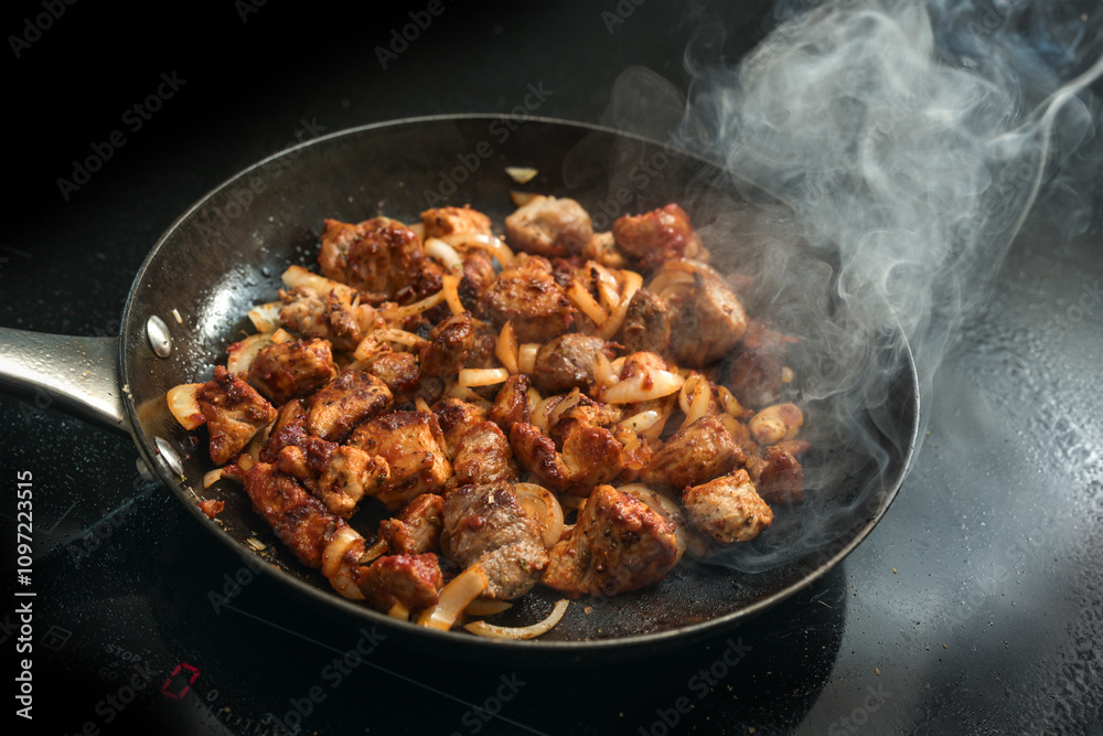 Diced pork with onions and paprika seasoning is roasted with plenty of steam in a cast iron pan on a black induction hob, cooking a meat dish like goulash, stew or ragout Diced pork with onions and paprika seasoning is roasted with plenty of steam in a cast iron pan on a black induction hob, cooking a meat dish like goulash, stew or ragout