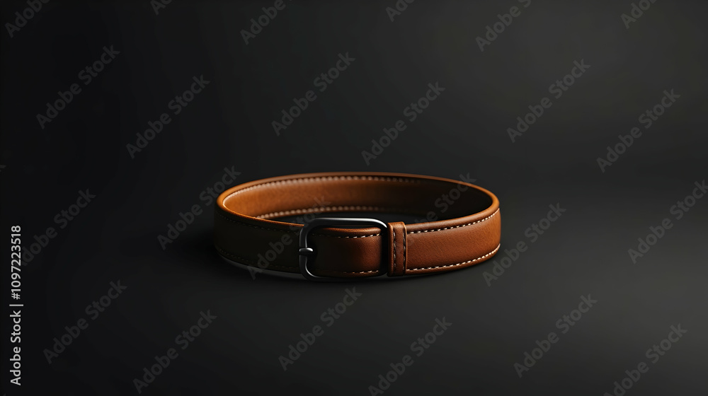 Brown leather belt with silver buckle on dark background. Brown leather belt with silver buckle on dark background.