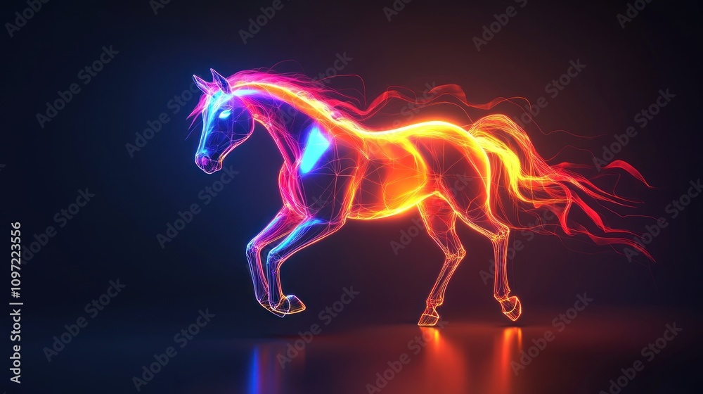 A vibrant, glowing horse running across a dark background. A vibrant, glowing horse running across a dark background.