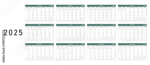 United States yearly calendar for 2025, starting on Sunday. Vector illustration for design or print