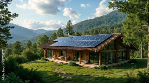 a modern, eco-friendly cabin with solar panels on the roof, surrounded by a lush green forest and majestic mountains in the distance.