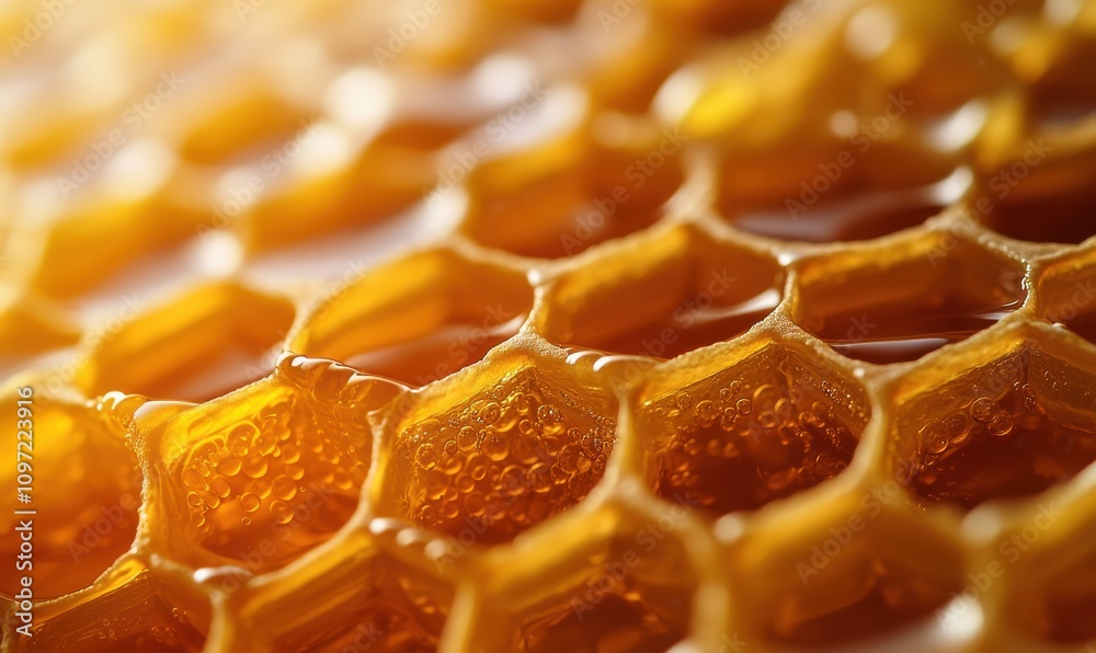 Beautiful macro view of honey bubbles forming on honeycomb structure during morning light Beautiful macro view of honey bubbles forming on honeycomb structure during morning light
