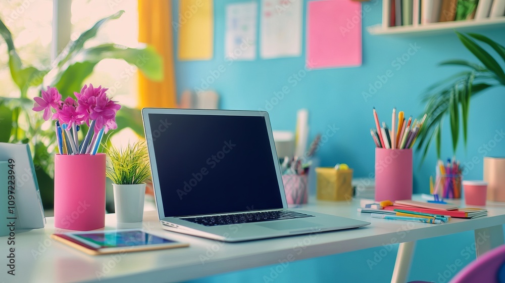 Laptop on a wooden table in a modern office Work space Laptop on a wooden table in a modern office Work space