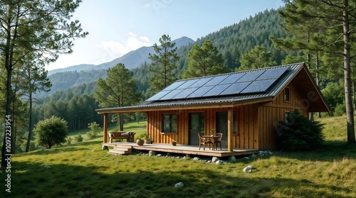 a modern, eco-friendly cabin with solar panels on the roof, surrounded by a lush green forest and majestic mountains in the distance.