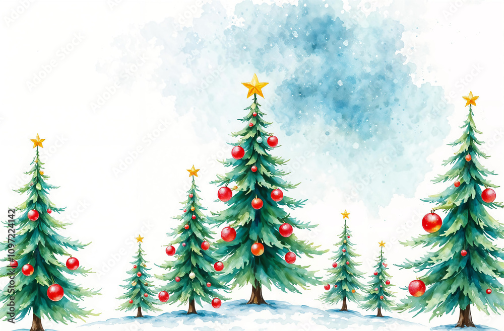 Obraz premium Colorful Christmas trees adorned with stars and ornaments create a festive winter landscape
