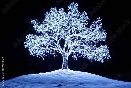 A mesmerizing winter scene of a snow-covered neon wireframe tree with blue and white neon accents on a black backdrop --ar 3:2 --s 50 photo