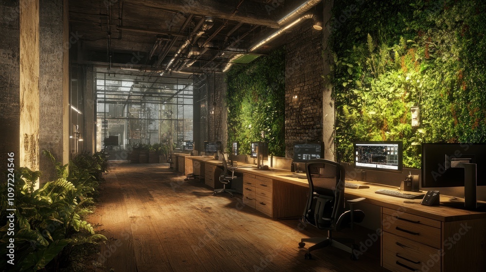 Modern office space with greenery, blending nature and work environment. Modern office space with greenery, blending nature and work environment.